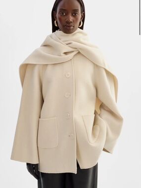 Lamarque Anca Cream 100% Wool Coat with Built In Scarf Drape worn twice